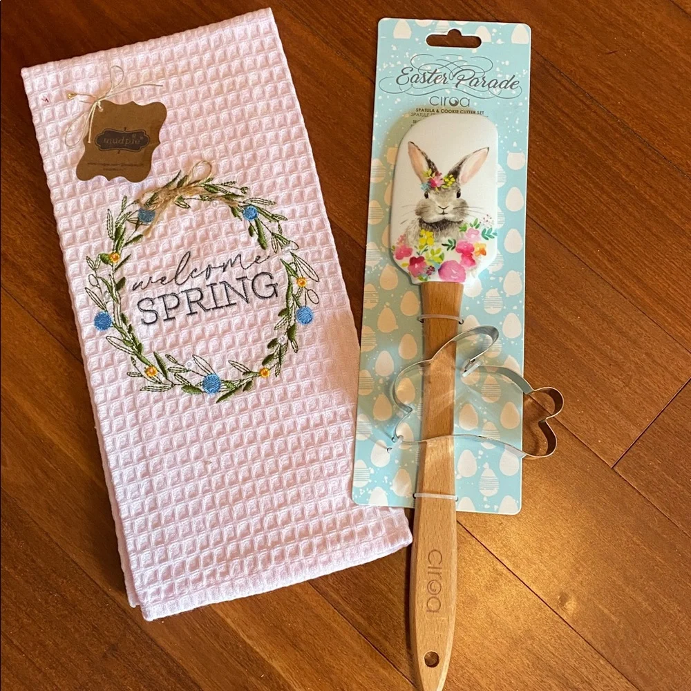 NWT Mud Pie Pink Embroidered Spring Tea Dish Towel, Spatula & Cookie Cutter
